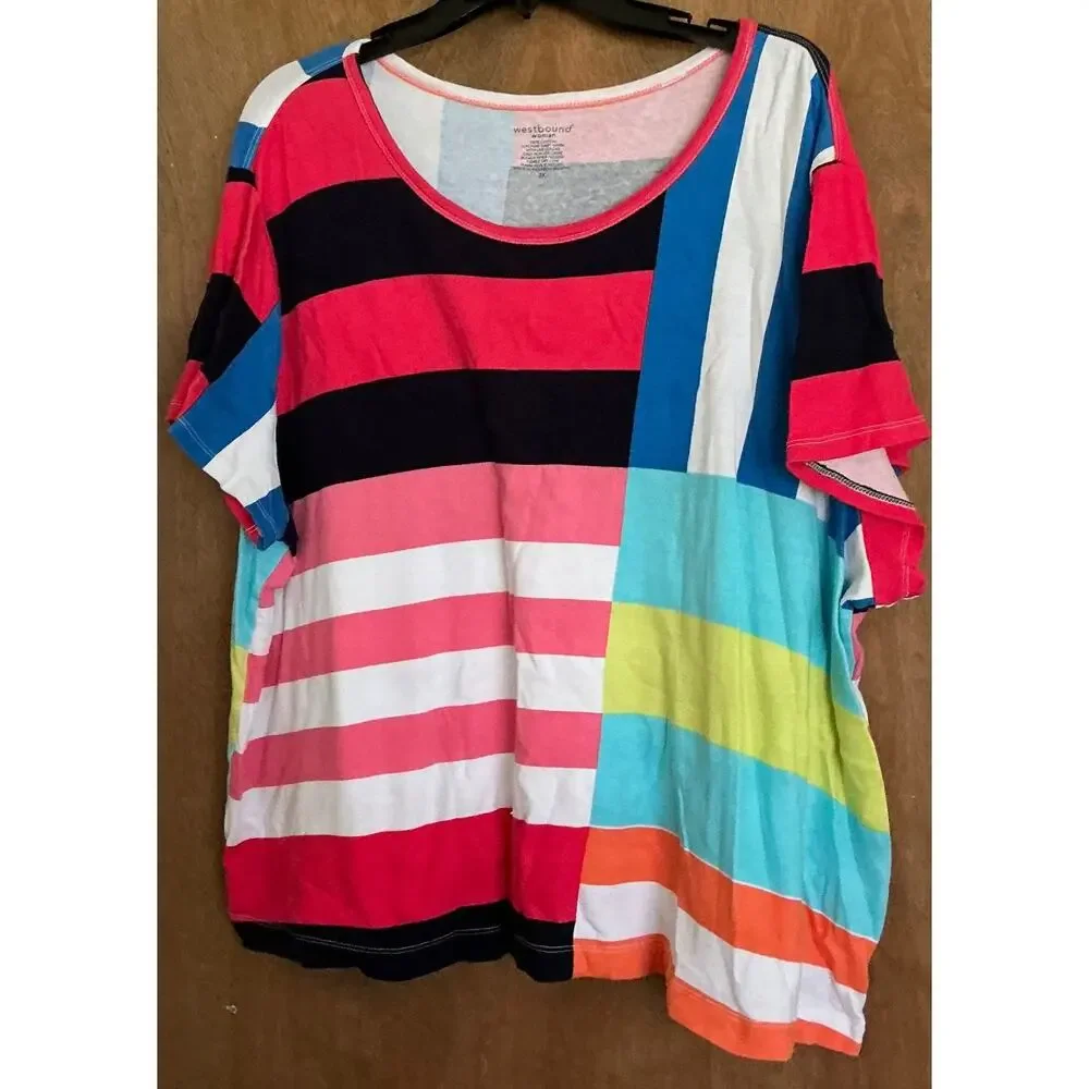 Westbound Woman Pullover Short Sleeve Blouse 3X Block Colors, Stripes - Picture 1 of 9